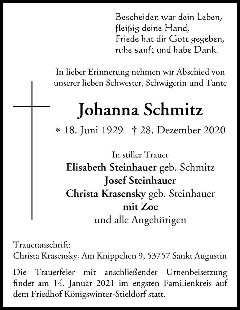  Traueranzeige für Johanna Schmitz vom 02.01.2021 aus Kölner Stadt-Anzeiger / Kölnische Rundschau / Express