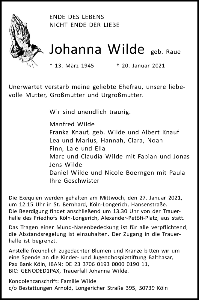  Traueranzeige für Johanna Wilde vom 23.01.2021 aus Kölner Stadt-Anzeiger / Kölnische Rundschau / Express