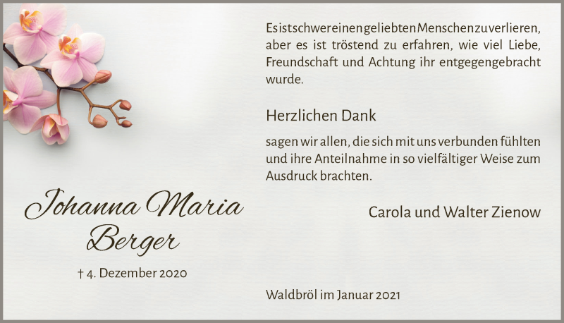  Traueranzeige für Johanna Maria Berger vom 02.01.2021 aus  Lokalanzeiger 
