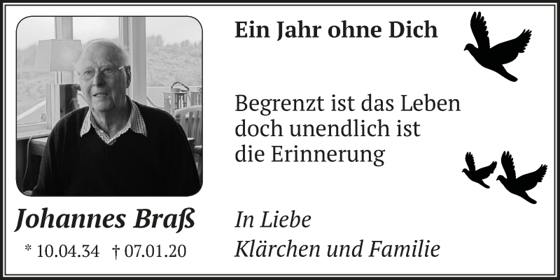  Traueranzeige für Johannes Braß vom 08.01.2021 aus  Bergisches Handelsblatt 