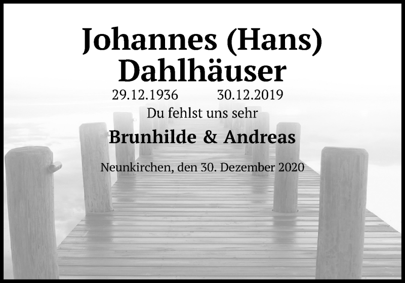  Traueranzeige für Johannes Dahlhäuser vom 02.01.2021 aus Kölner Stadt-Anzeiger / Kölnische Rundschau / Express