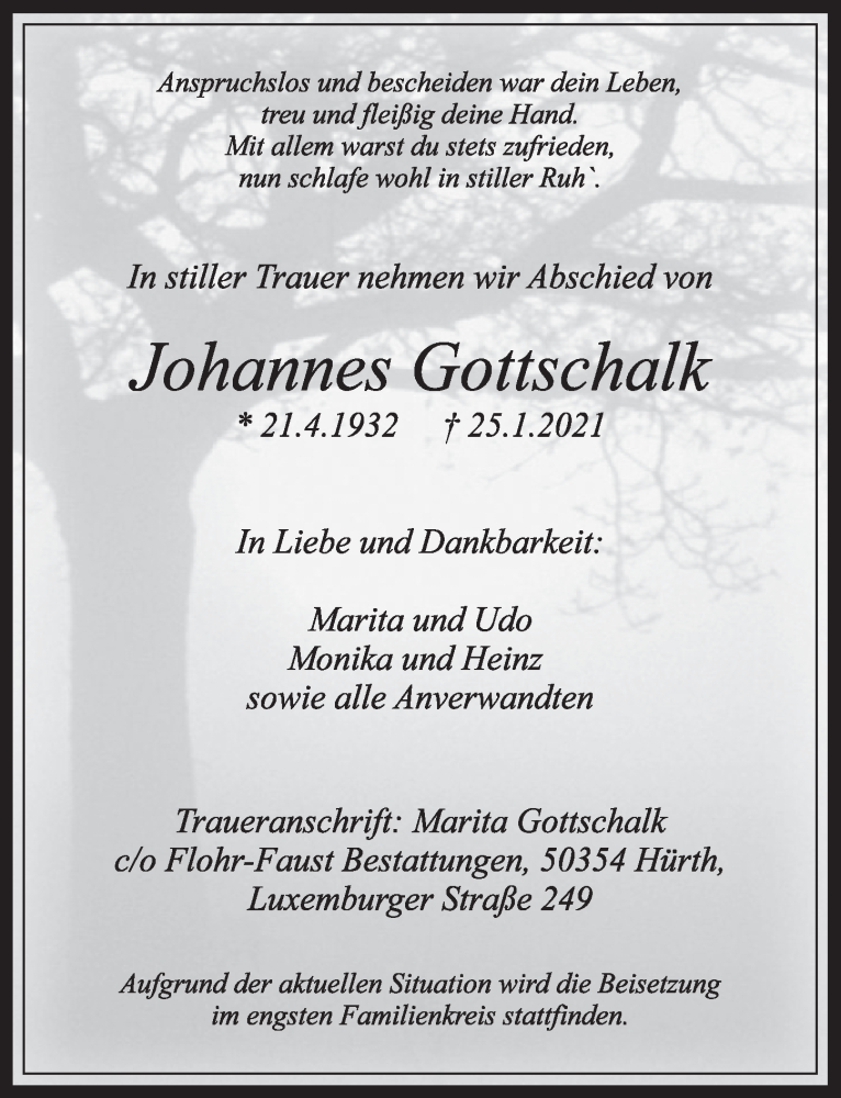  Traueranzeige für Johannes Gottschalk vom 29.01.2021 aus  Werbepost 