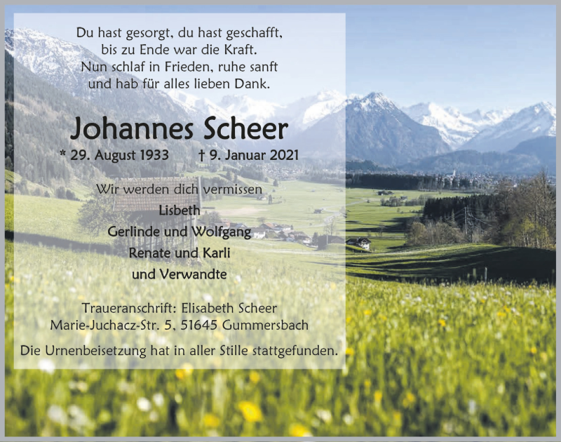  Traueranzeige für Johannes Scheer vom 22.01.2021 aus  Anzeigen Echo 
