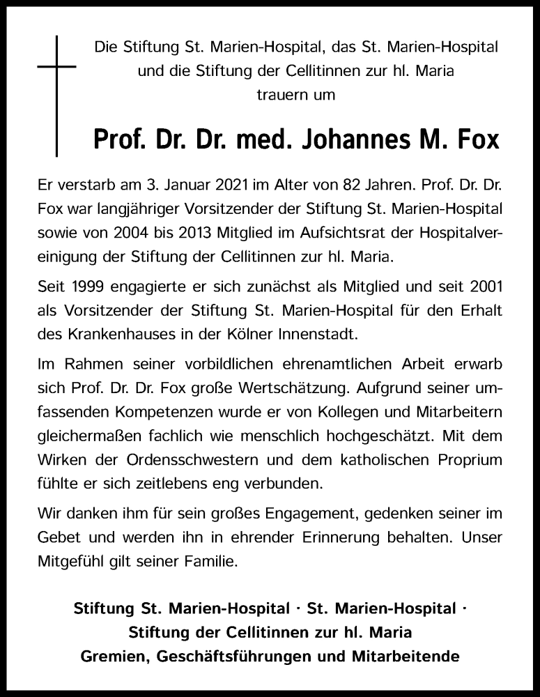  Traueranzeige für Johannes M. Fox vom 13.01.2021 aus Kölner Stadt-Anzeiger / Kölnische Rundschau / Express