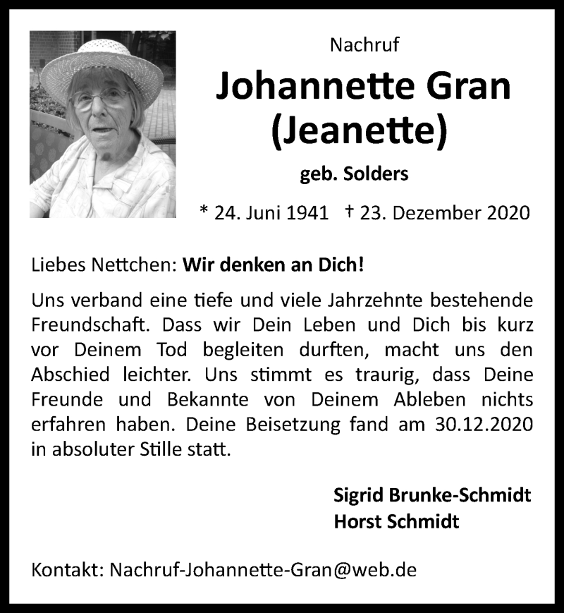 Traueranzeige für Johannette Gran vom 15.01.2021 aus  Kölner Wochenspiegel 