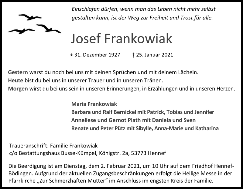  Traueranzeige für Josef Frankowiak vom 30.01.2021 aus Kölner Stadt-Anzeiger / Kölnische Rundschau / Express