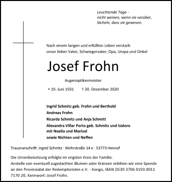 Anzeige von Josef Frohn von Kölner Stadt-Anzeiger / Kölnische Rundschau / Express