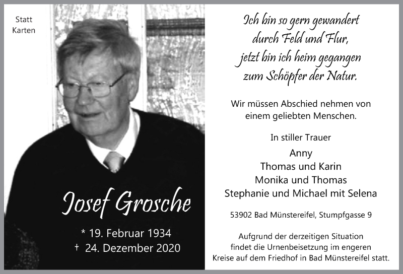  Traueranzeige für Josef Grosche vom 09.01.2021 aus  Blickpunkt Euskirchen 