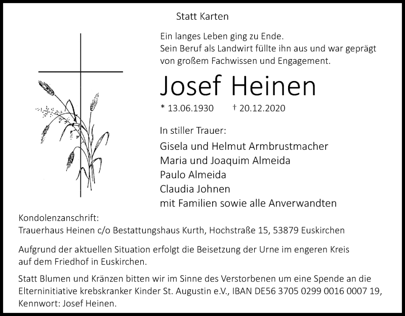  Traueranzeige für Josef Heinen vom 02.01.2021 aus Kölner Stadt-Anzeiger / Kölnische Rundschau / Express