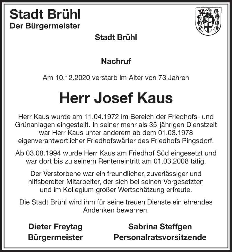  Traueranzeige für Josef Kaus vom 22.01.2021 aus  Schlossbote/Werbekurier 