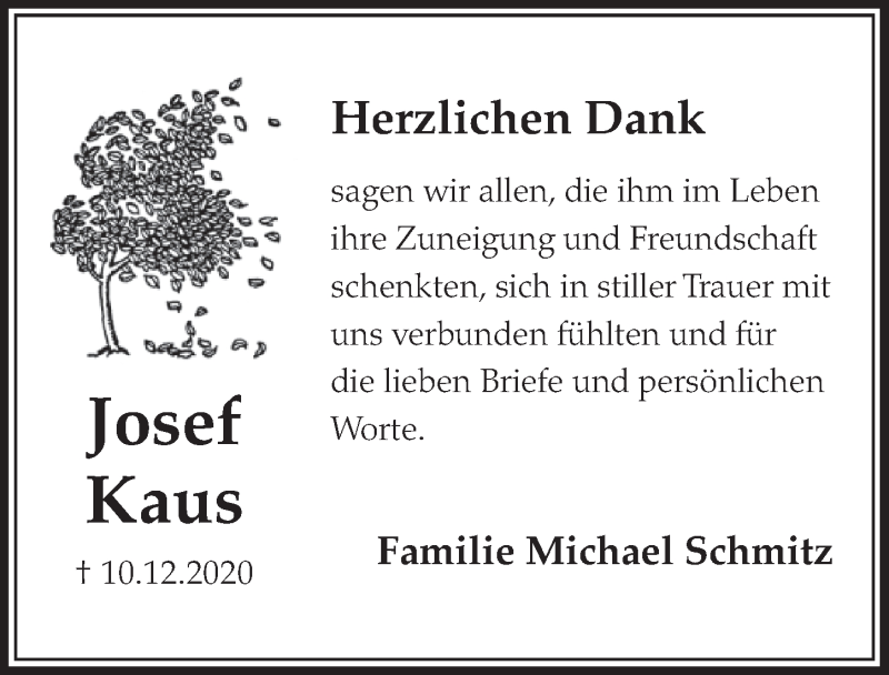  Traueranzeige für Josef Kaus vom 29.01.2021 aus  Schlossbote/Werbekurier 