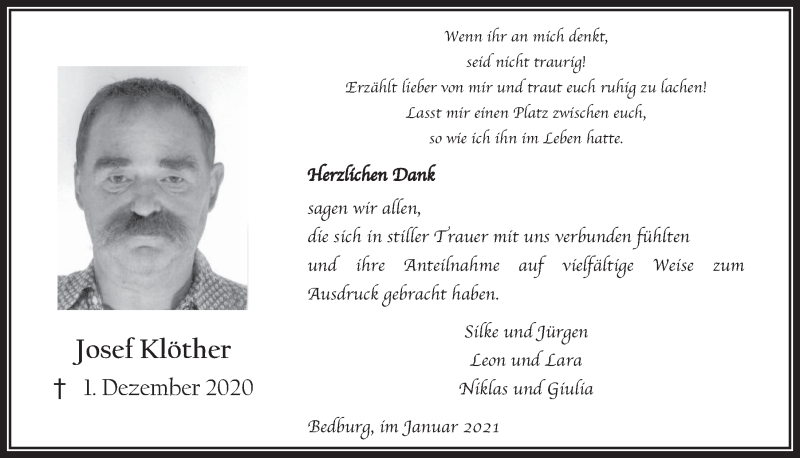  Traueranzeige für Josef Klöther vom 02.01.2021 aus  Werbepost 