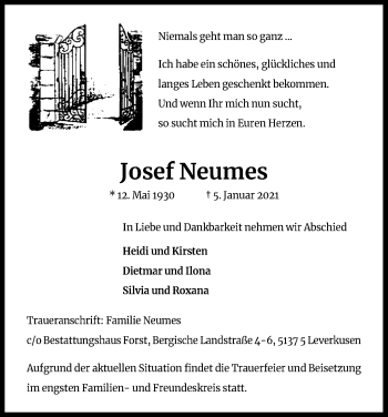 Anzeige von Josef Neumes von Kölner Stadt-Anzeiger / Kölnische Rundschau / Express
