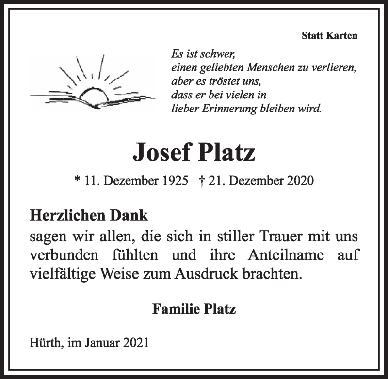  Traueranzeige für Josef Platz vom 29.01.2021 aus  Wochenende 