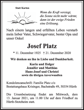Anzeige von Josef Platz von  Wochenende 