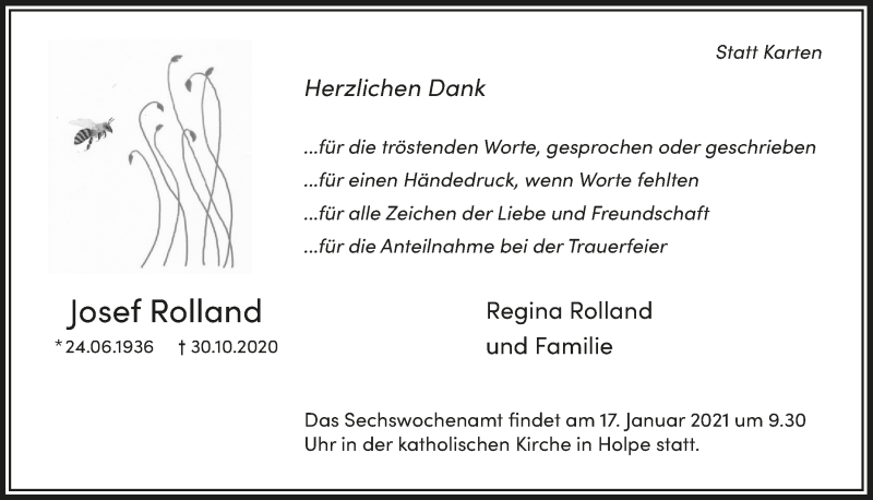  Traueranzeige für Josef Rolland vom 08.01.2021 aus  Lokalanzeiger 