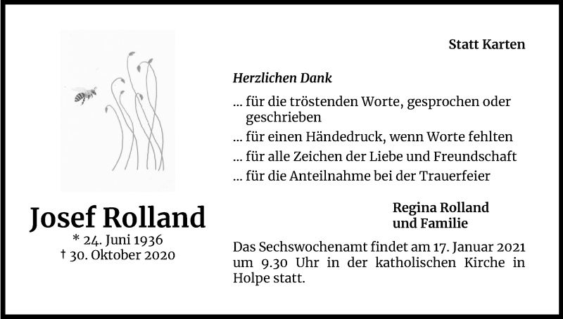  Traueranzeige für Josef Rolland vom 09.01.2021 aus Kölner Stadt-Anzeiger / Kölnische Rundschau / Express
