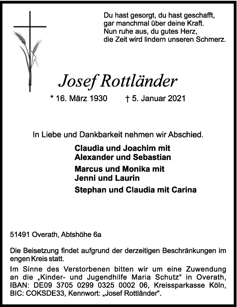  Traueranzeige für Josef Rottländer vom 16.01.2021 aus Kölner Stadt-Anzeiger / Kölnische Rundschau / Express