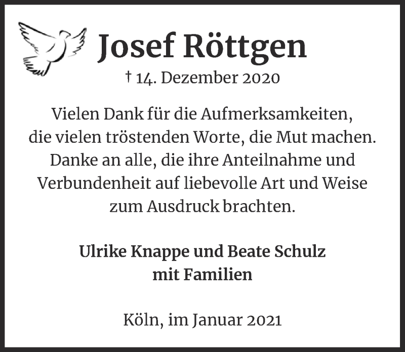  Traueranzeige für Josef Röttgen vom 22.01.2021 aus  Kölner Wochenspiegel 