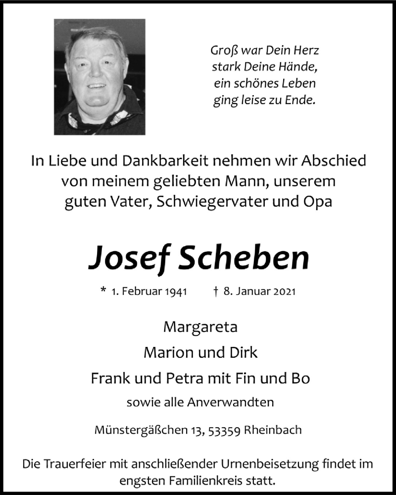  Traueranzeige für Josef Scheben vom 15.01.2021 aus  Schaufenster/Blickpunkt 