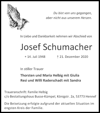 Anzeige von Josef Schumacher von Kölner Stadt-Anzeiger / Kölnische Rundschau / Express