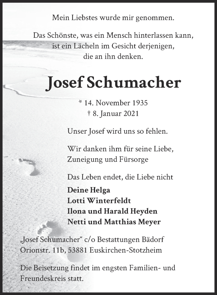  Traueranzeige für Josef Schumacher vom 16.01.2021 aus  Blickpunkt Euskirchen 