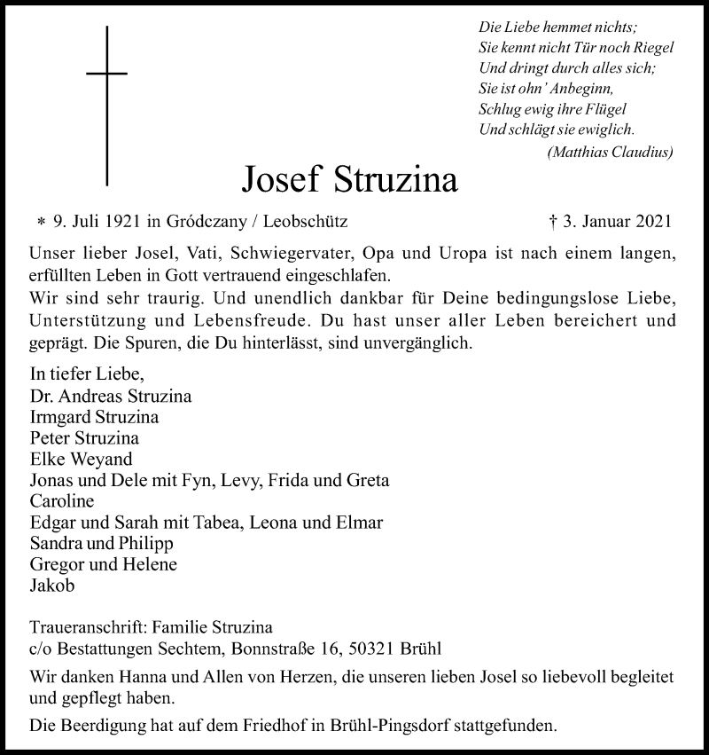  Traueranzeige für Josef Struzina vom 16.01.2021 aus Kölner Stadt-Anzeiger / Kölnische Rundschau / Express