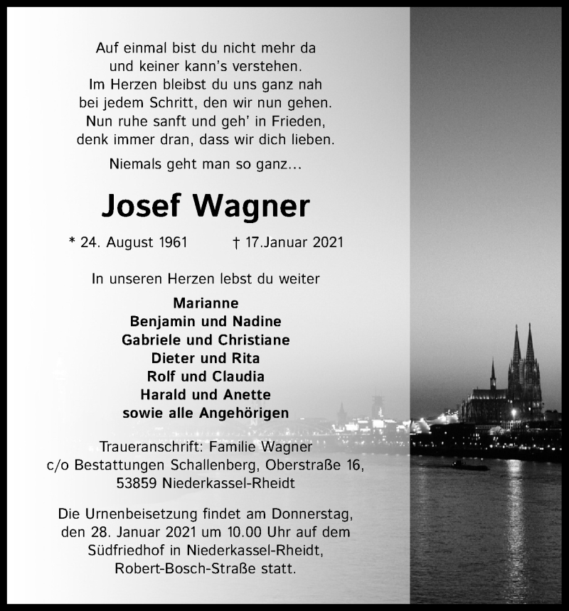  Traueranzeige für Josef Wagner vom 22.01.2021 aus Kölner Stadt-Anzeiger / Kölnische Rundschau / Express