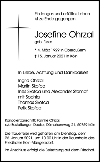 Anzeige von Josefine Ohrzal von Kölner Stadt-Anzeiger / Kölnische Rundschau / Express