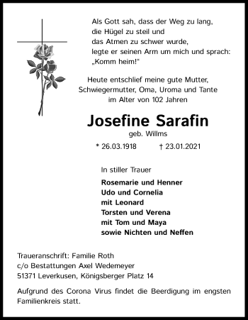 Anzeige von Josefine Sarafin von Kölner Stadt-Anzeiger / Kölnische Rundschau / Express