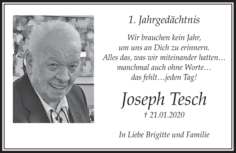  Traueranzeige für Joseph Tesch vom 22.01.2021 aus  Wochenende 