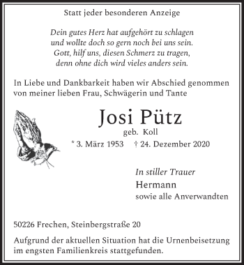 Anzeige von Josi Pütz von  Wochenende 