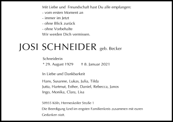 Anzeige von Josi Schneider von Kölner Stadt-Anzeiger / Kölnische Rundschau / Express