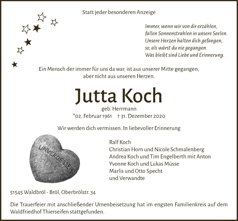  Traueranzeige für Jutta Koch vom 08.01.2021 aus  Lokalanzeiger 