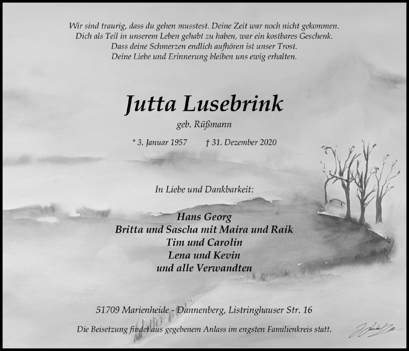  Traueranzeige für Jutta Lusebrink vom 08.01.2021 aus  Anzeigen Echo 