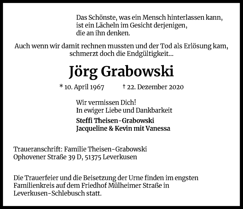  Traueranzeige für Jörg Grabowski vom 09.01.2021 aus Kölner Stadt-Anzeiger / Kölnische Rundschau / Express