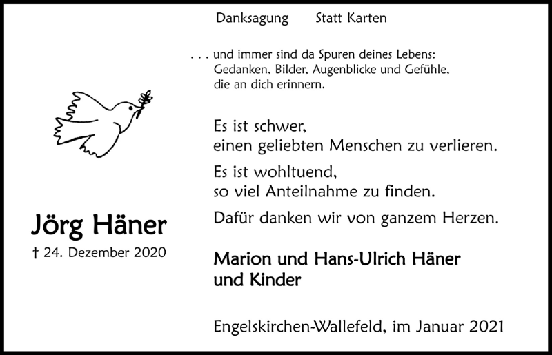  Traueranzeige für Jörg Häner vom 29.01.2021 aus  Anzeigen Echo 