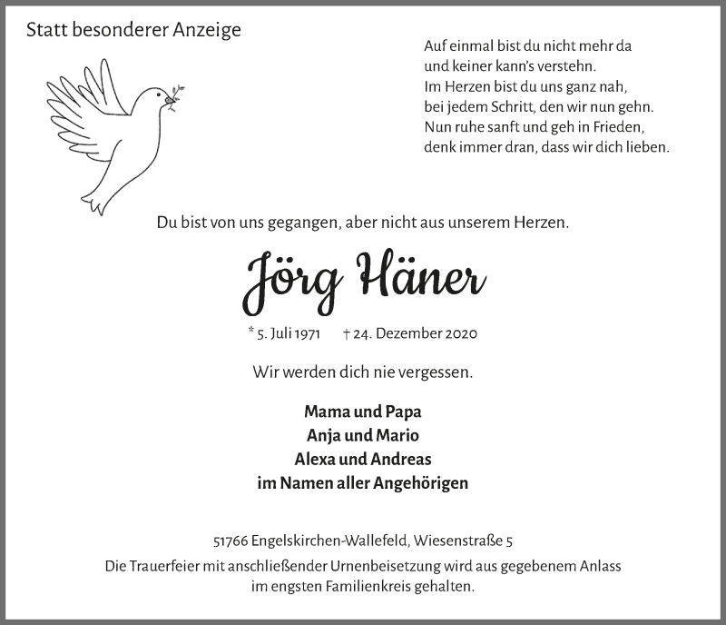  Traueranzeige für Jörg Häner vom 02.01.2021 aus  Anzeigen Echo 
