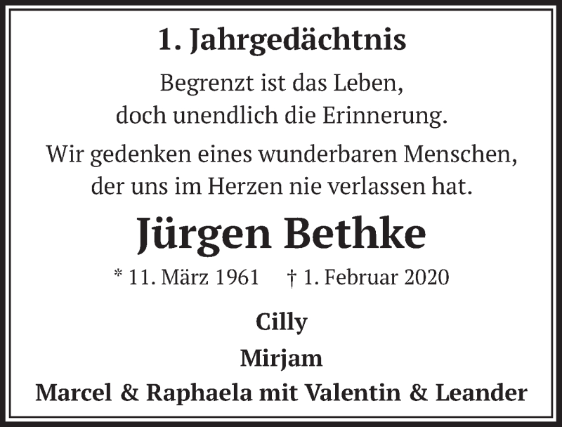  Traueranzeige für Jürgen Bethke vom 29.01.2021 aus  Werbepost 