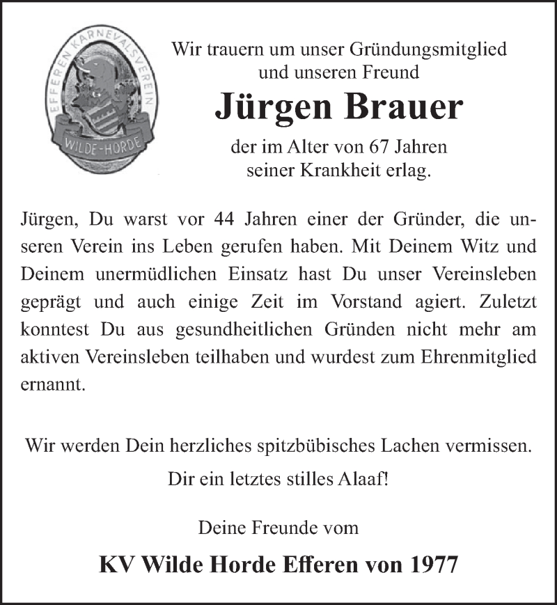  Traueranzeige für Jürgen Brauer vom 22.01.2021 aus  Wochenende 