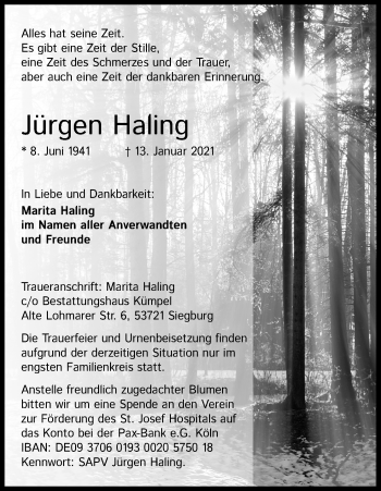 Anzeige von Jürgen Haling von Kölner Stadt-Anzeiger / Kölnische Rundschau / Express