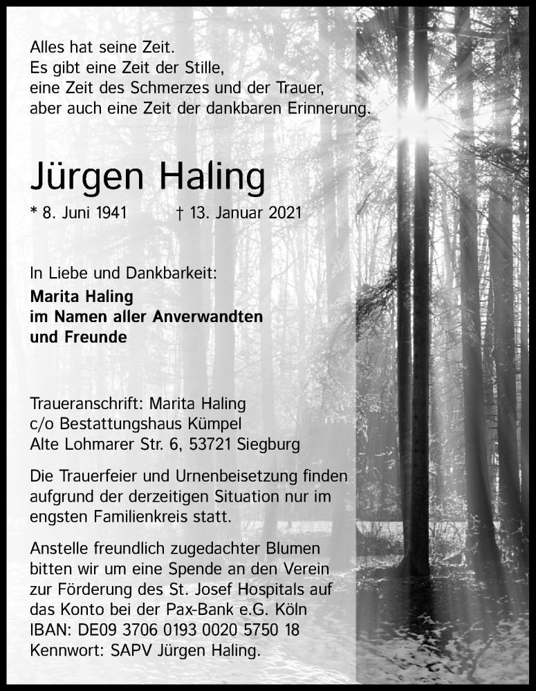  Traueranzeige für Jürgen Haling vom 16.01.2021 aus Kölner Stadt-Anzeiger / Kölnische Rundschau / Express