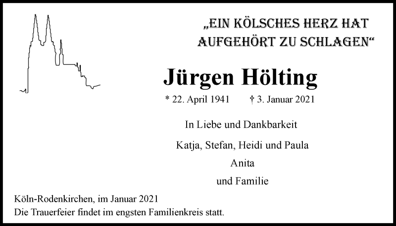  Traueranzeige für Jürgen Hölting vom 22.01.2021 aus  Kölner Wochenspiegel 