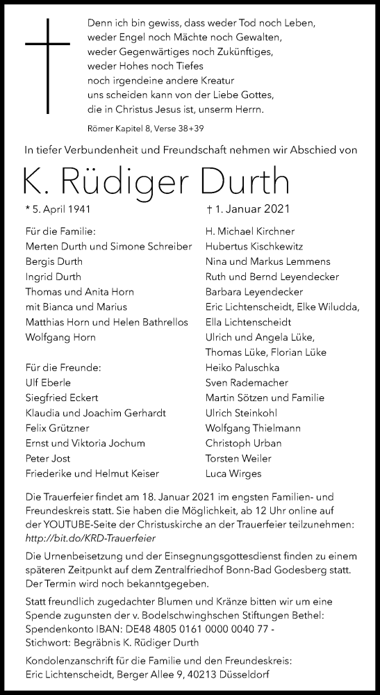  Traueranzeige für K. Rüdiger Durth vom 16.01.2021 aus Kölner Stadt-Anzeiger / Kölnische Rundschau / Express