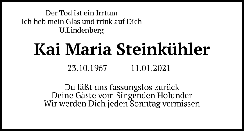  Traueranzeige für Kai Maria Steinkühler vom 16.01.2021 aus Kölner Stadt-Anzeiger / Kölnische Rundschau / Express