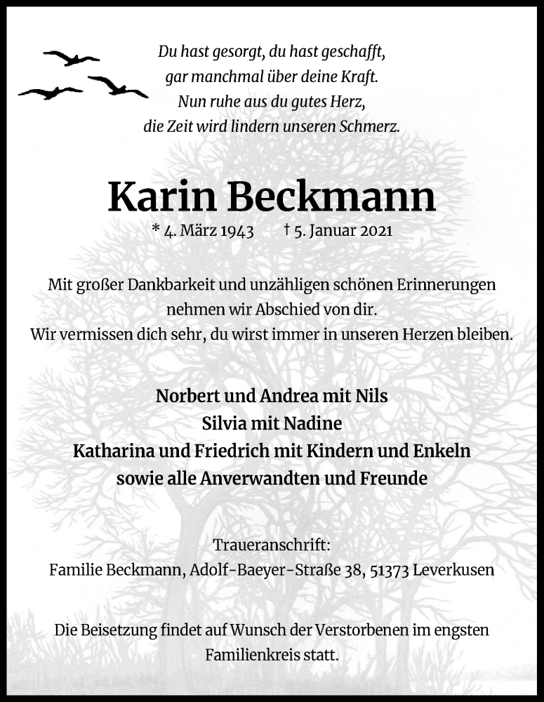  Traueranzeige für Karin Beckmann vom 16.01.2021 aus Kölner Stadt-Anzeiger / Kölnische Rundschau / Express