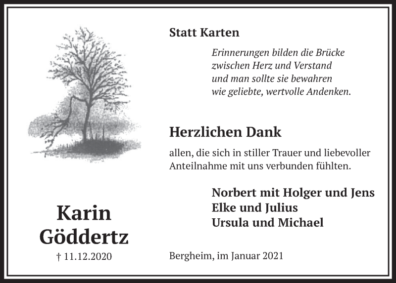  Traueranzeige für Karin Göddertz vom 15.01.2021 aus  Werbepost 