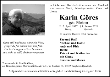 Anzeige von Karin Göres von Kölner Stadt-Anzeiger / Kölnische Rundschau / Express