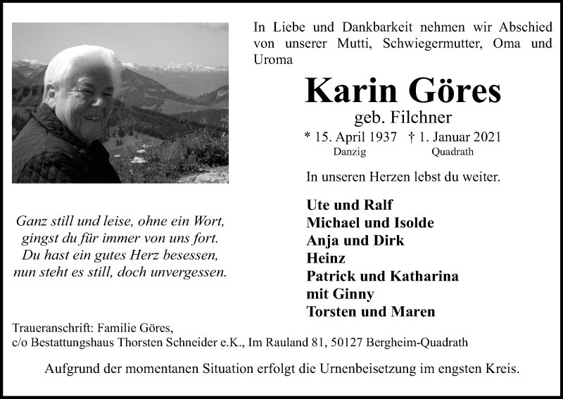  Traueranzeige für Karin Göres vom 09.01.2021 aus Kölner Stadt-Anzeiger / Kölnische Rundschau / Express