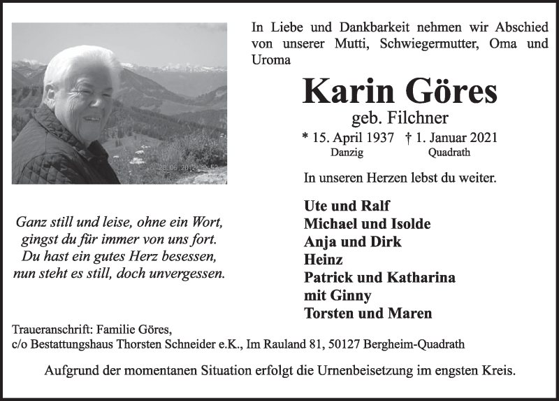 Traueranzeige für Karin Göres vom 08.01.2021 aus  Werbepost 